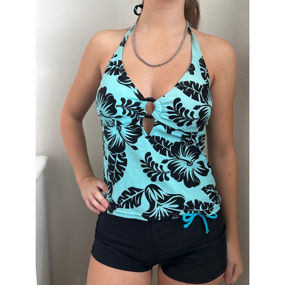 Ocean Dream Turquoise Black Hibiscus Floral O-Ring Tankini Swim Top Womens 10